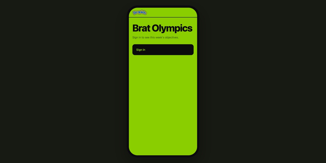 Brat Olympics sign-in screen on a phone, lime green with the Brat Olympics title