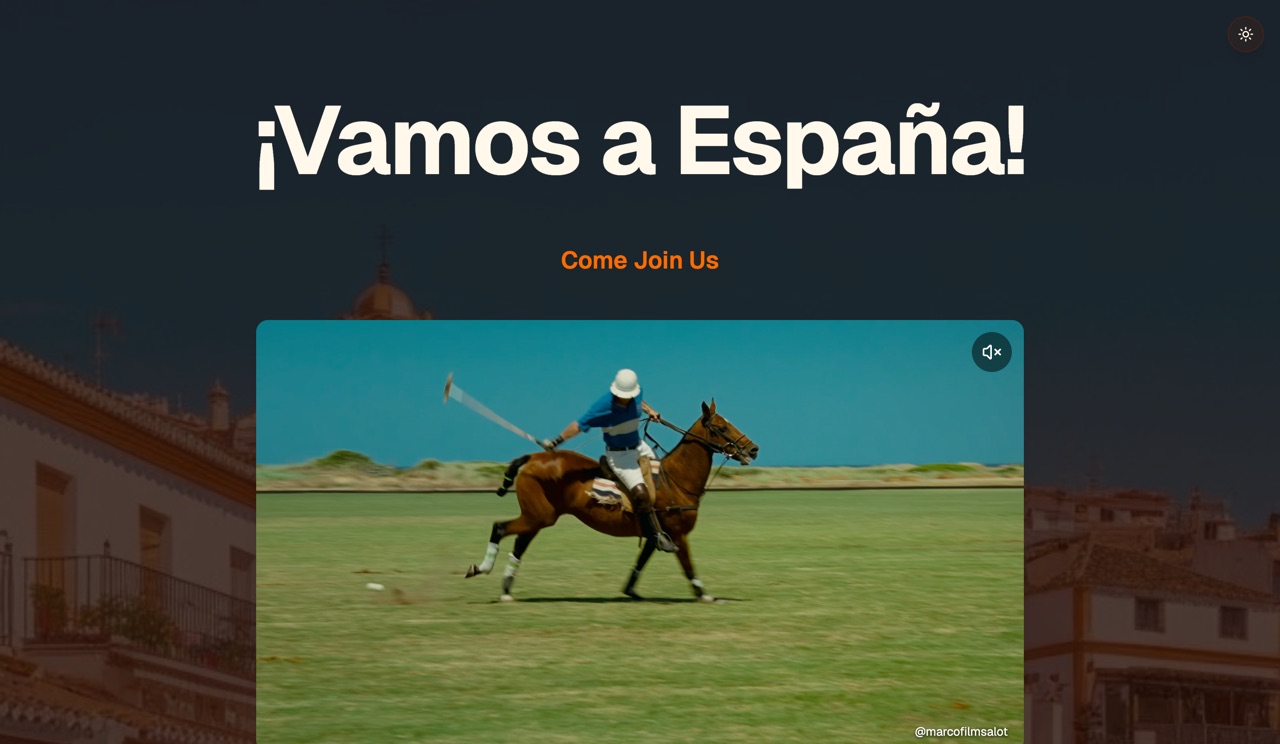 The Spain Trip home page: the heading ¡Vamos a España! above a looping polo video